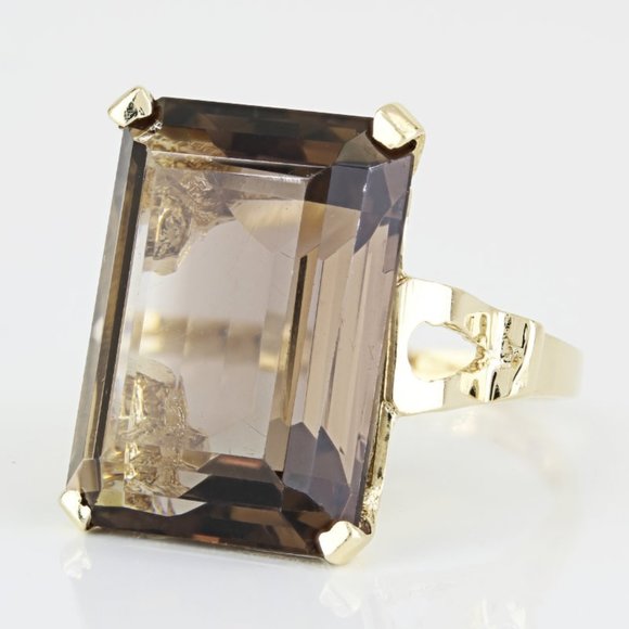 Vintage 14K Yellow Gold Emerald-Cut Smoky Quartz Cocktail Ring by Carnegie - Picture 1 of 7